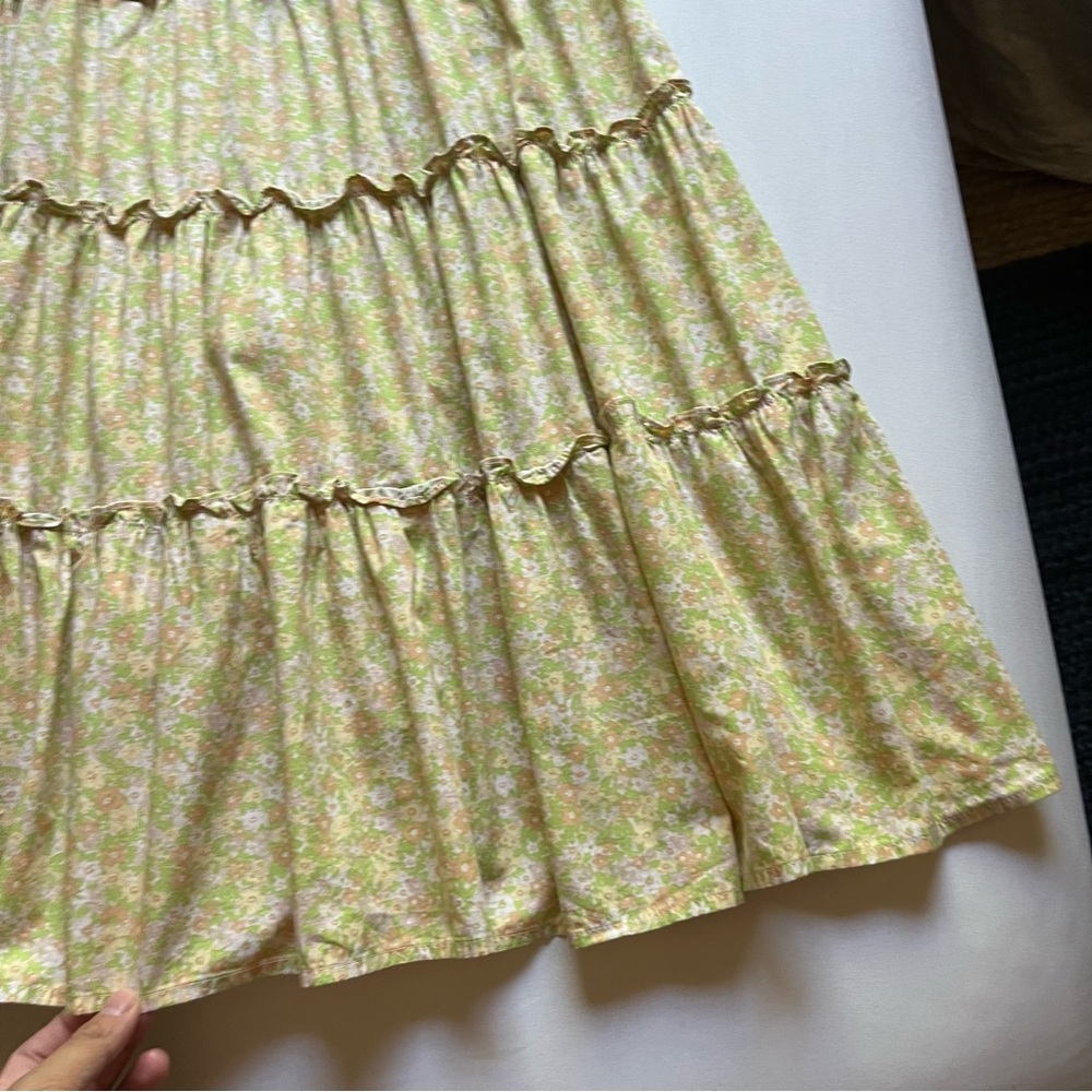 KOURT white‎ green cotton floral print smocked bodice ruffle tiered midi dress - Picture 2 of 7